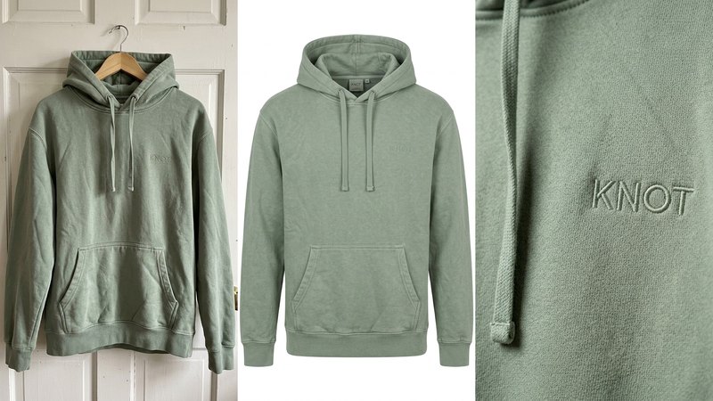 Three AI-made images of the KNOT hoodie concept: a sage green hoodie on a hanger against a white door, the same hoodie as a ghost mannequin image on white, and a close-up of the tonal KNOT embroidery on the chest