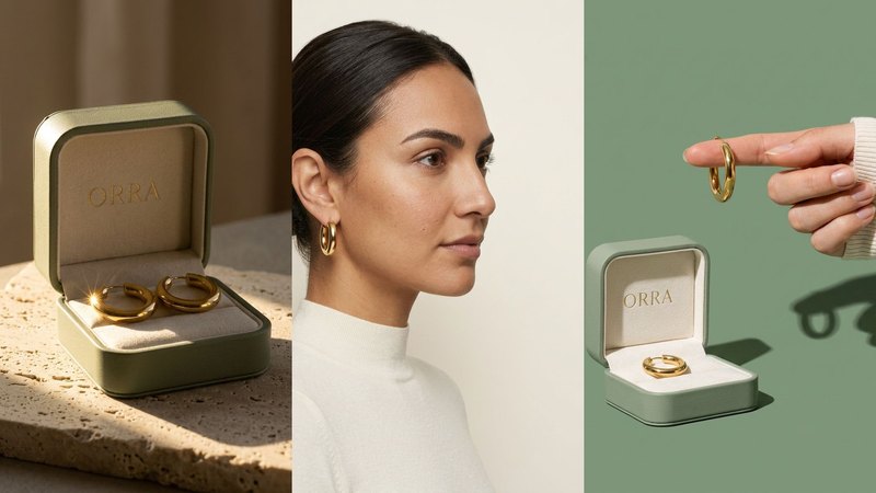 Three AI-made images of the ORRA gold hoop earrings concept: the open sage-green box on travertine in a hard beam of window light, a model in side profile wearing the hoops, and one hoop hanging from a fingertip against a sage backdrop