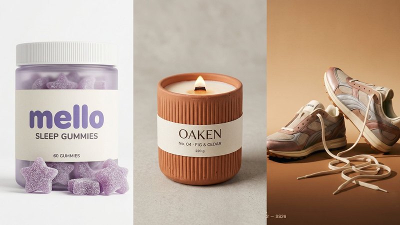 Three AI-made concept products side by side: a MELLO sleep gummies jar, an OAKEN fig and cedar candle, and a pair of STRATA trail running shoes