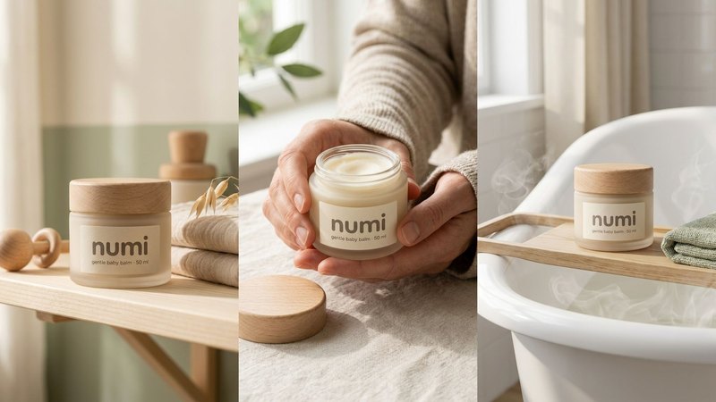 Three AI-made images of the NUMI baby balm concept: the jar on a pale wooden nursery shelf beside folded muslin, two adult hands holding the open jar to show the balm, and the jar on a wooden bath tray across a white tub