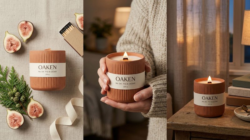 Three AI-made images of the OAKEN fig and cedar concept candle: a flat lay with figs and cedar, the lit candle held in two hands, and the candle glowing on a bedside table at dusk