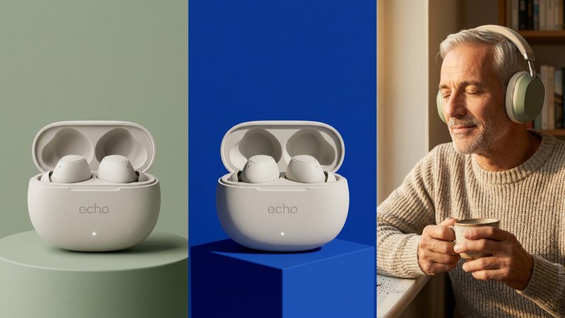 Three AI-made images: the ECHO concept earbuds in an open off-white case on a sage-green plinth and on a cobalt-blue cube, and a grey-haired man in a knit sweater wearing AURA concept headphones by a window with a coffee cup