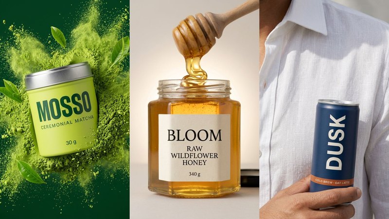 Three AI-made images of food and drink concept brands: the MOSSO matcha tin in a burst of green powder, the BLOOM honey jar with honey dripping from a wooden dipper, and a man holding a DUSK cold brew can against a white linen shirt