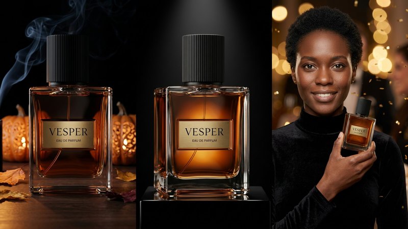 Three AI-made images of the VESPER concept perfume, a square glass bottle of amber eau de parfum with a black ribbed cap: by glowing carved pumpkins, on a black plinth under one spotlight, and held by a woman in a black velvet high-neck top in gold confetti