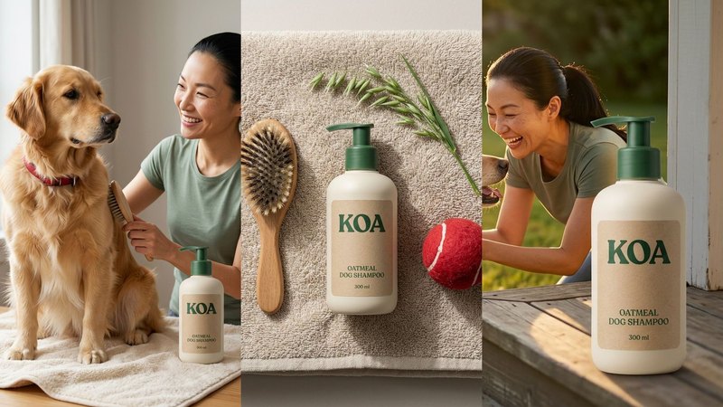 Three AI-made images of the KOA oatmeal dog shampoo concept: a golden retriever on a towel being brushed, a flat lay with a wooden brush and a red ball, and the bottle on a porch step in golden-hour light with the owner behind it