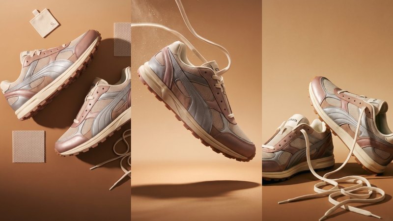 Three AI-made images of the Strata Trail 02 concept running shoe in rose metallic and silver: a flat lay with material swatches, a mid-air shot with flying laces, and the pair standing with loose laces
