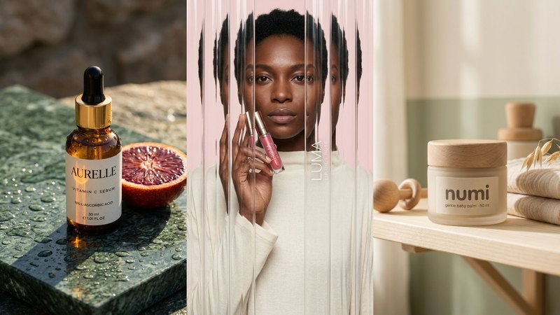 Three AI-made concept skincare products: an AURELLE vitamin C serum on wet stone, a model holding LUMA lip oil behind fluted glass, and a NUMI baby balm jar on a nursery shelf