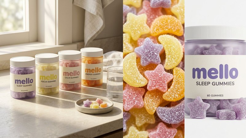 Three AI-made images of the MELLO vitamin gummies concept: four jars in sleep, focus, calm and energy colours on a sunny kitchen counter, a macro of sugar-coated star and moon gummies, and the sleep jar on white with gummies in front