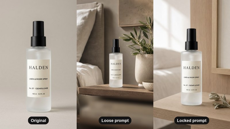 Three images of the HALDEN concept linen and room spray: the original packshot on a plain grey background, an edit from a loose prompt with the bottle small on a cluttered bedside shelf with a plant, a bowl and books, and an edit from a locked prompt with the bottle large and unchanged on an oak shelf with a sprig of sage