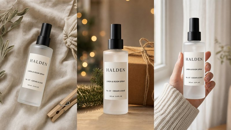 Three AI images of the HALDEN concept linen and room spray made with OpenAI's image model: the bottle lying on crumpled linen with dried sage, standing beside a gift wrapped in brown paper with fairy lights, and held up in a hand by a window