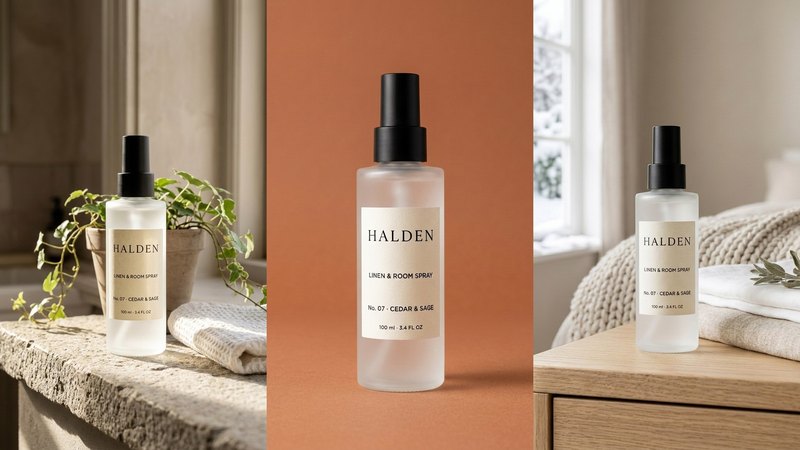 Three AI edits of the HALDEN concept linen and room spray made with Nano Banana: the bottle on a stone bathroom windowsill with a trailing plant, on a seamless terracotta backdrop, and on a bedside table with snow outside the window