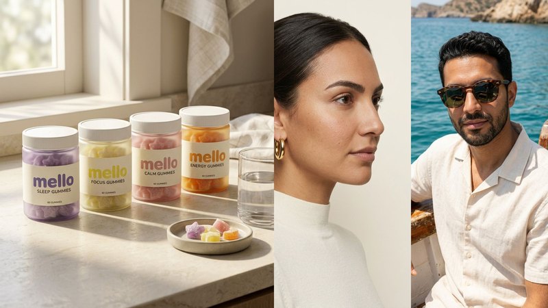 Three AI-made launch images of concept products: four MELLO gummy jars on a sunny kitchen counter, a model wearing ORRA gold hoop earrings in side profile, and a man in KESTREL sunglasses on a wooden boat on a turquoise sea