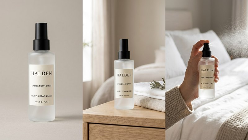 Three images of the HALDEN concept linen and room spray: the plain packshot on a grey background, the bottle on an oak bedside table beside folded linen made with AI, and a hand spraying it over a made bed made with AI