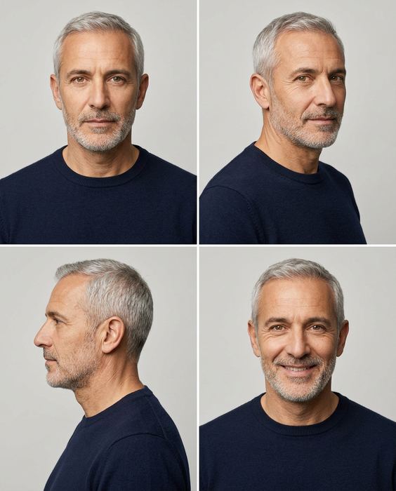AURA concept: the model character sheet, front, three-quarter, profile and smile