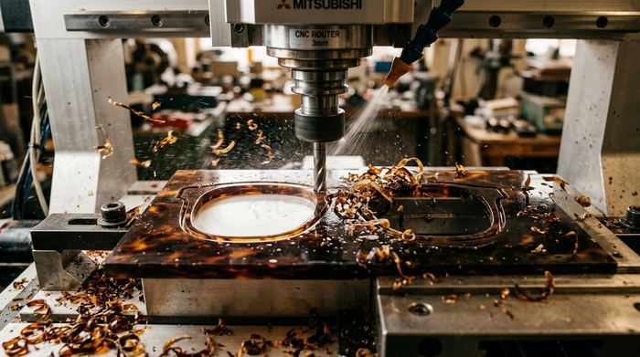 KESTREL concept brand: a CNC machine cutting an empty acetate sunglasses front