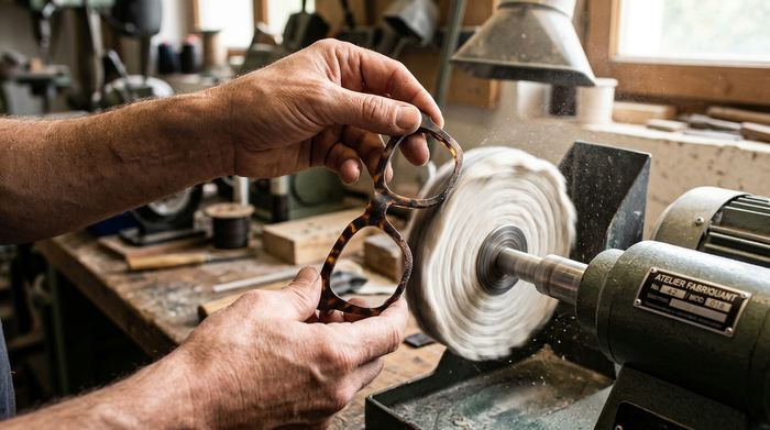 KESTREL concept brand: a hand holds an empty sunglasses front against a polishing wheel