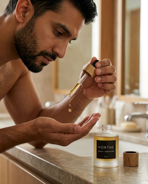 NORTHE concept brand: a man pours beard oil from a dropper into his palm, the bottle on the counter