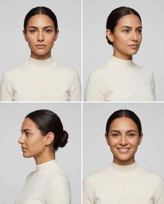 ORRA concept: the model character sheet, front, three-quarter, profile and smile