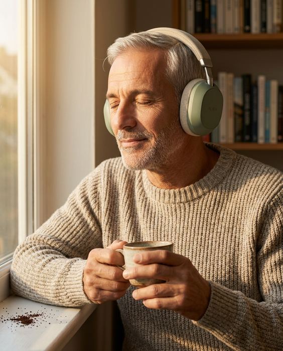AURA concept brand, wireless headphones: Late-afternoon window