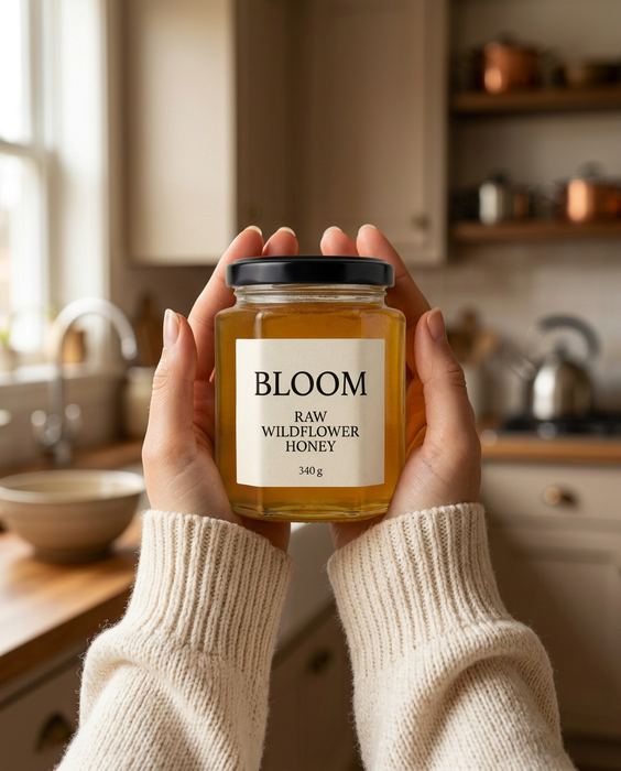 BLOOM concept brand, raw wildflower honey: In hand