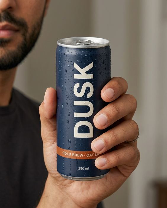 DUSK concept brand, cold brew oat latte: Hands — five fingers each