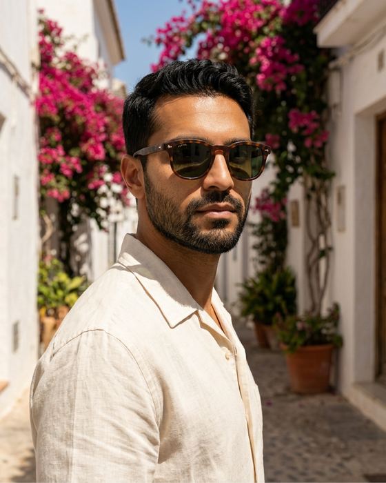KESTREL concept brand, tortoiseshell sunglasses: White street — key visual