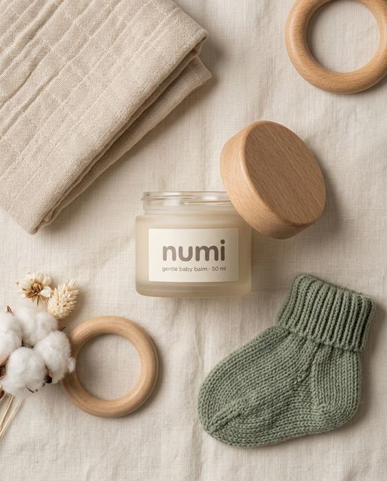 NUMI concept brand, gentle baby balm: Flat lay