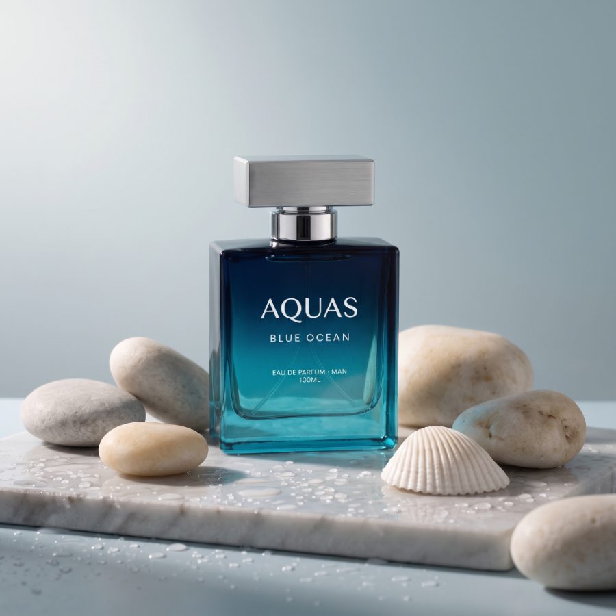 AI generated product photography for Aquas Blue Ocean fragrance brand — marble ledge hero shot