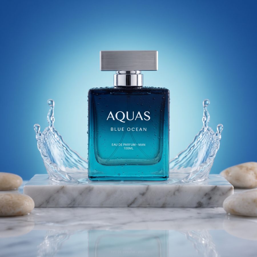 AI generated product photography for Aquas Blue Ocean fragrance brand — splash on stone