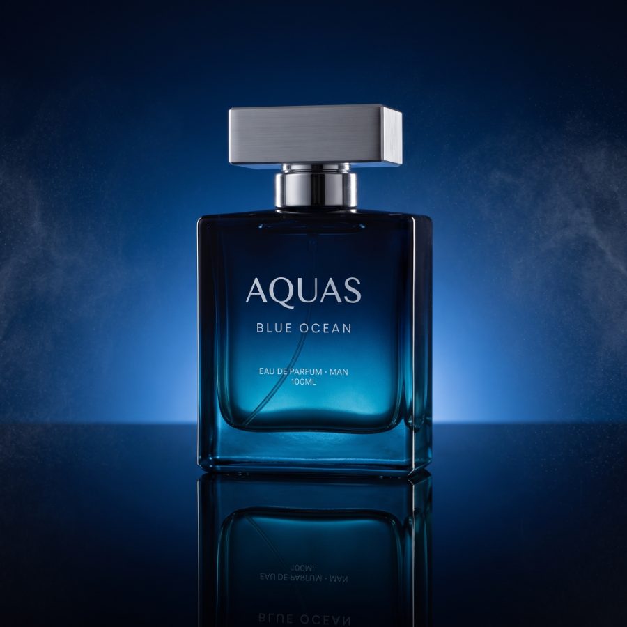 AI generated product photography for Aquas Blue Ocean fragrance brand — dark studio glow