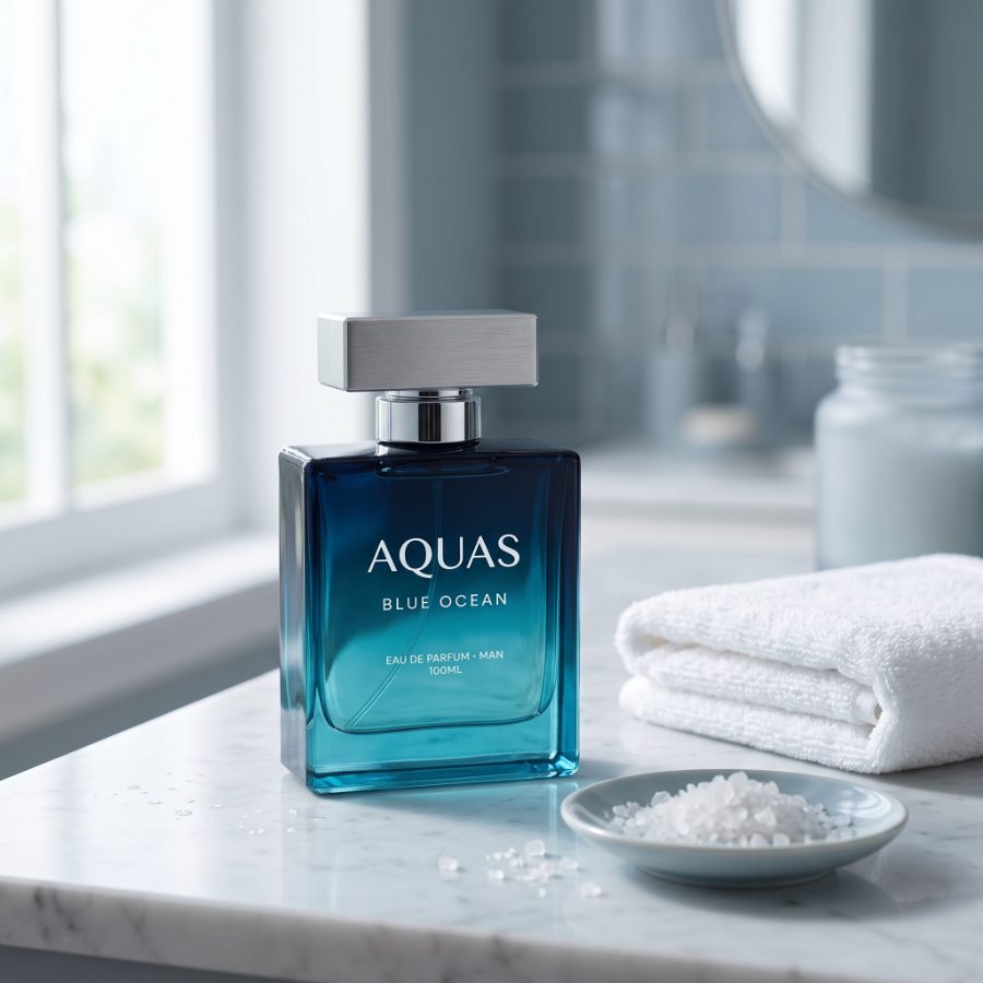 AI generated product photography for Aquas Blue Ocean fragrance brand — mirror ripple shot