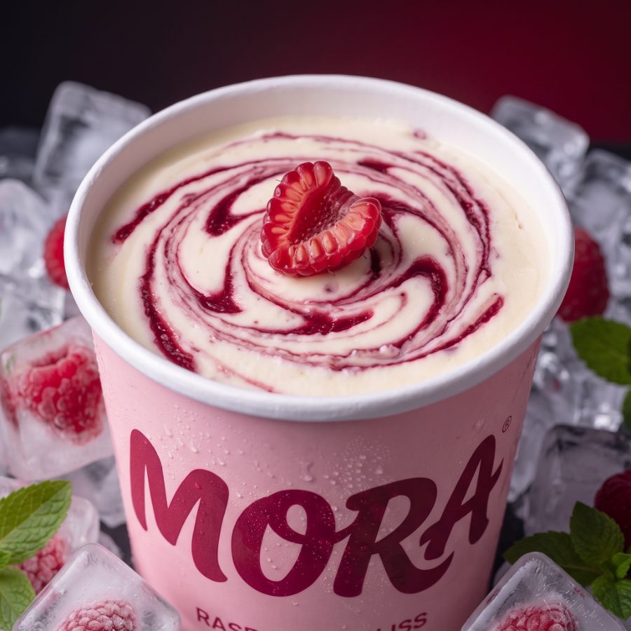 AI generated product photography for MORA Raspberry Bliss ice cream brand — swirl macro shot