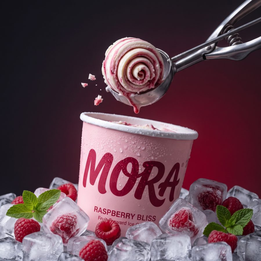 AI generated product photography for MORA Raspberry Bliss ice cream brand — scoop in motion