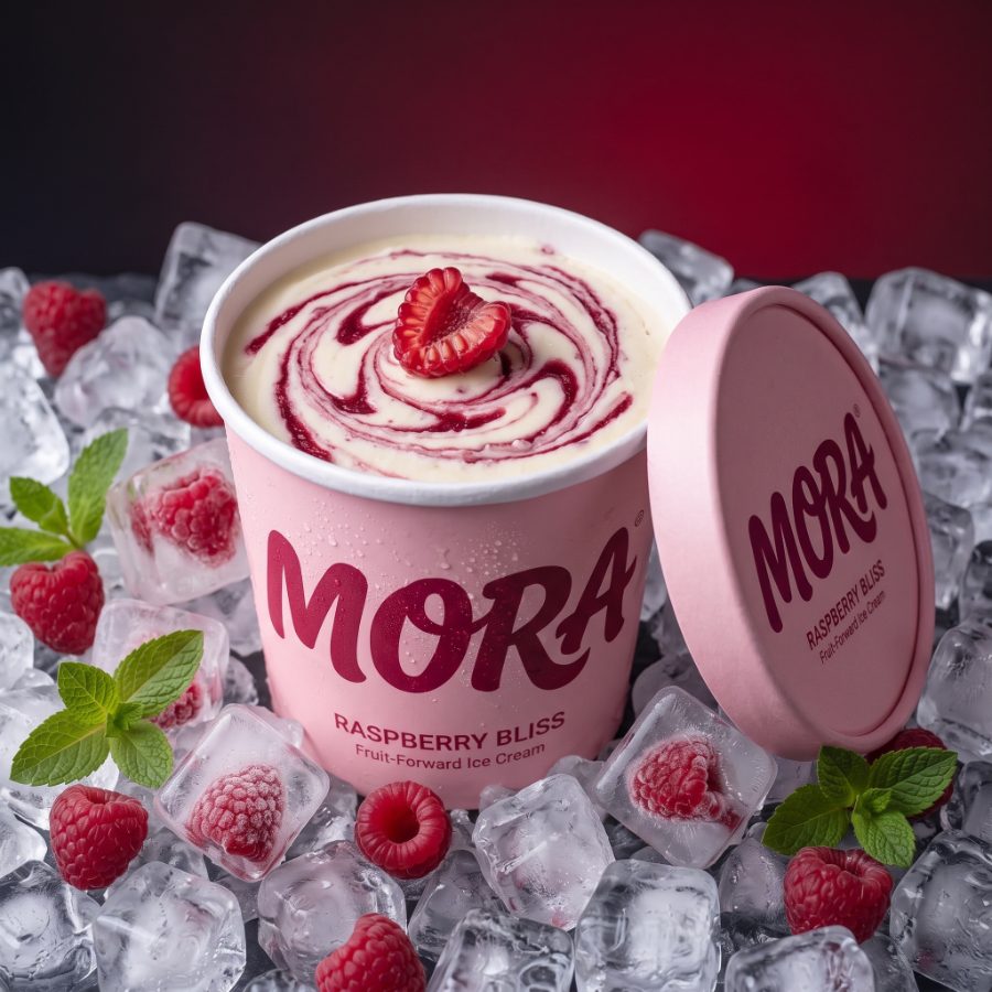 AI generated product photography for MORA Raspberry Bliss ice cream brand — hero shot