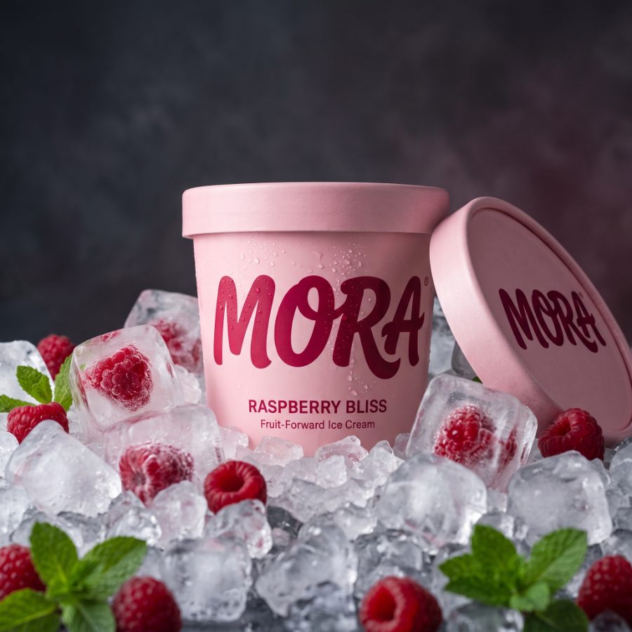 AI generated product photography for MORA Raspberry Bliss ice cream brand — pint on ice