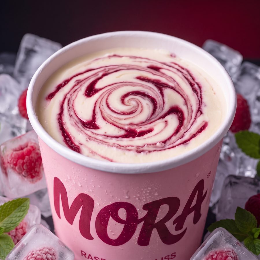AI generated product photography for MORA Raspberry Bliss ice cream brand — texture close-up