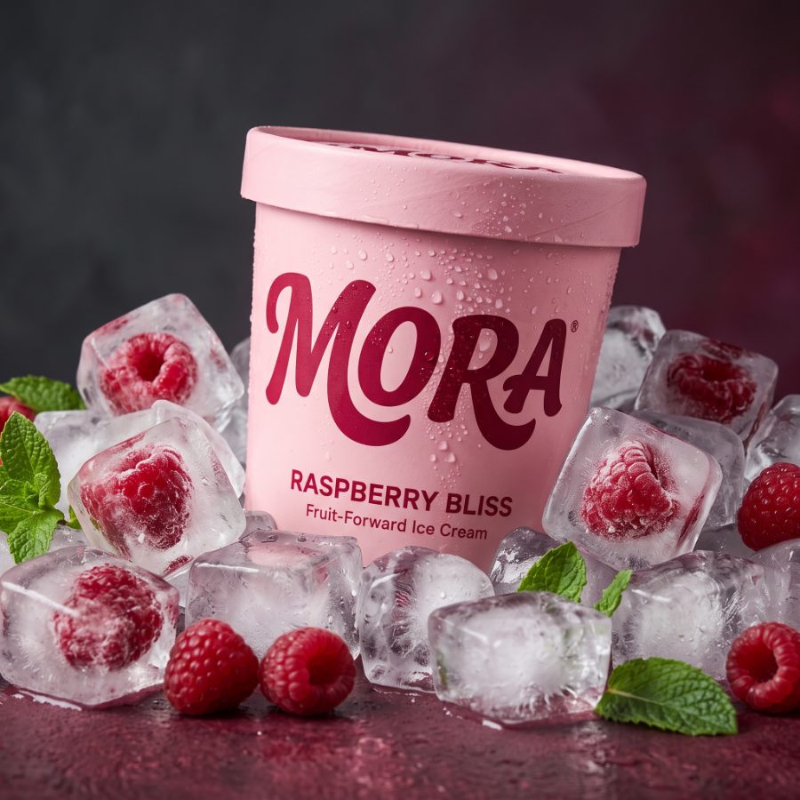AI generated product photography for MORA Raspberry Bliss ice cream brand — studio key visual