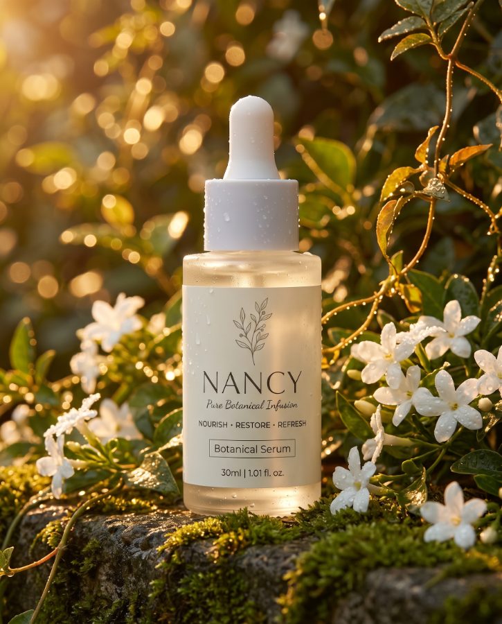 AI skincare product photography for Nancy Botanical Serum brand — sage reflection