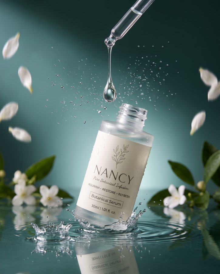 AI skincare product photography for Nancy Botanical Serum brand — garden light scene