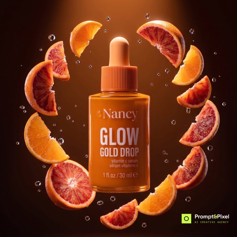 AI skincare product photography for Nancy Glow Gold Drop serum brand — citrus ring visual