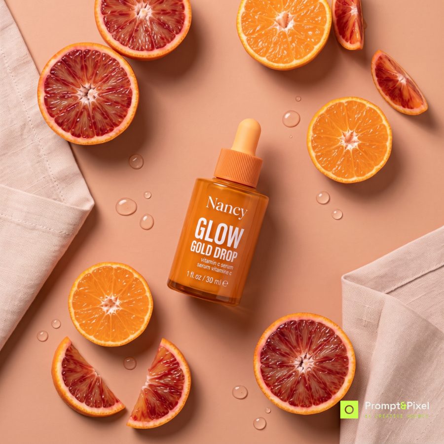 AI skincare product photography for Nancy Glow Gold Drop serum brand — linen flat lay