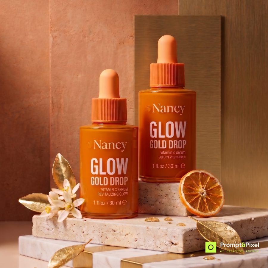 AI skincare product photography for Nancy Glow Gold Drop serum brand — duo on travertine