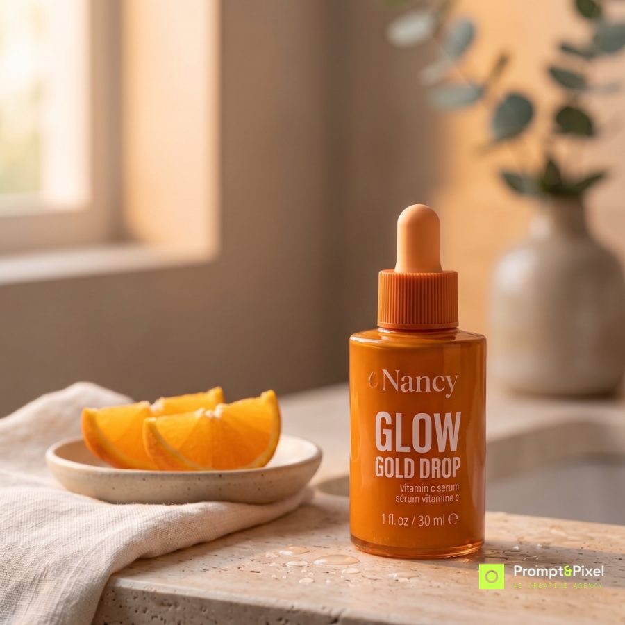AI skincare product photography for Nancy Glow Gold Drop serum brand — morning bathroom scene