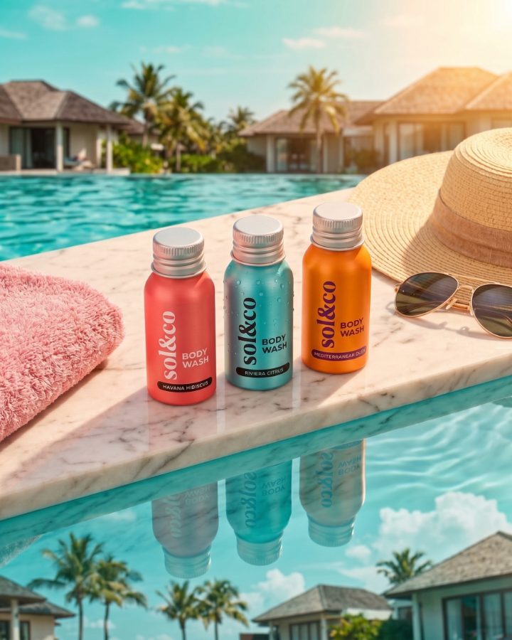 AI generated product photography for Sol&co body wash brand — poolside trio hero shot