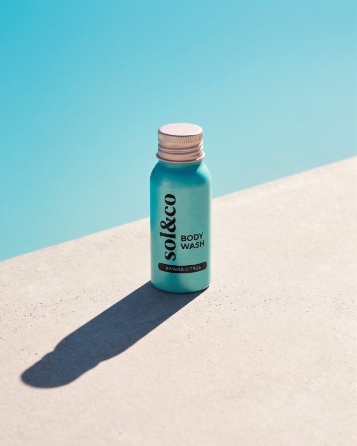 AI generated product photography for Sol&co body wash brand — Riviera Citrus studio shadow