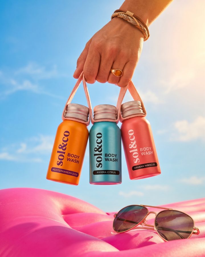 AI generated product photography for Sol&co body wash brand — carry strap lifestyle shot