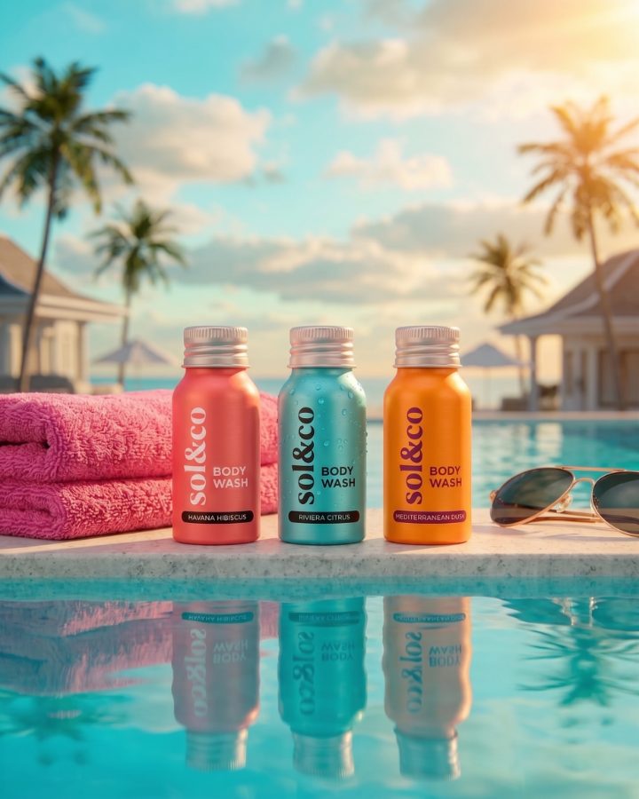 AI generated product photography for Sol&co body wash brand — sunset pool edge