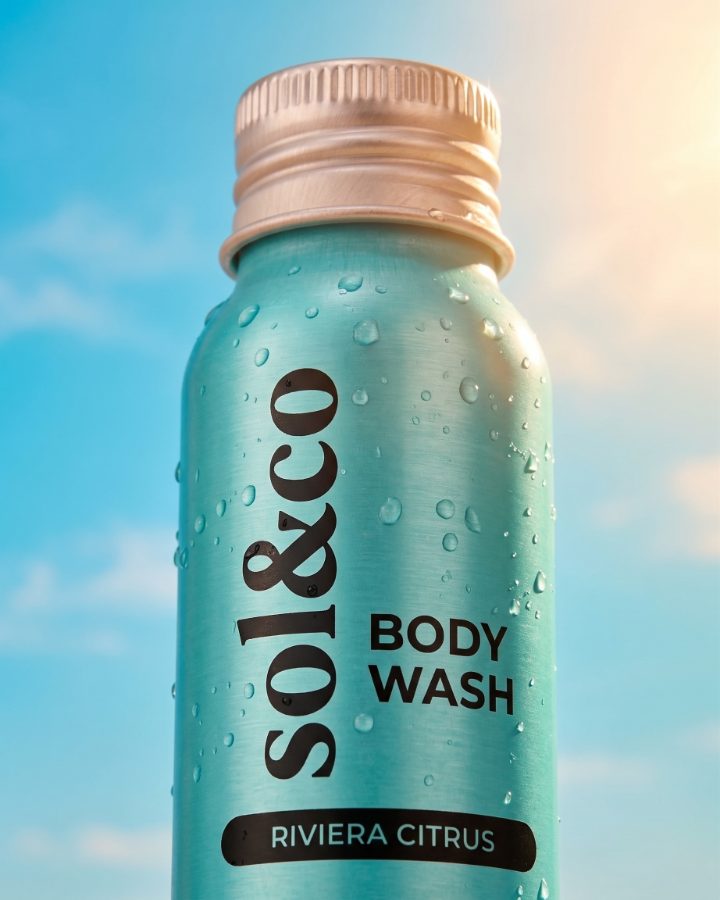 AI generated product photography for Sol&co body wash brand — label macro with water beads