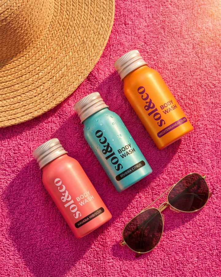 AI generated product photography for Sol&co body wash brand — towel flat lay range