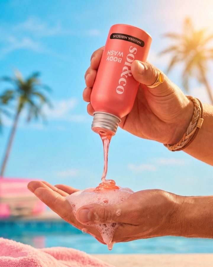 AI generated product photography for Sol&co body wash brand — texture pour proof shot